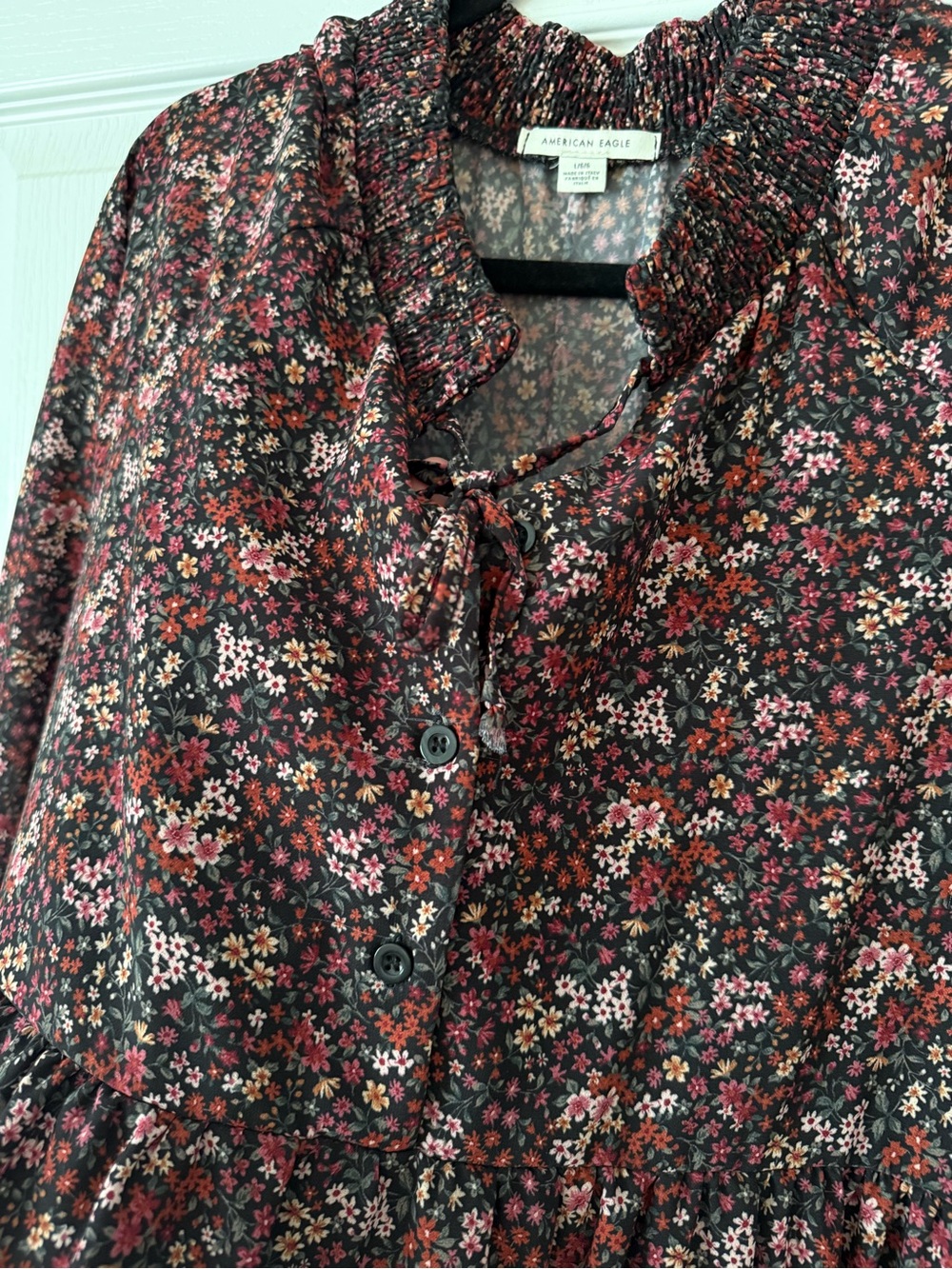 American Eagle Long Sleeve Dress Button Top Tie Chiffon Babydoll Floral L Large - Picture 5 of 6